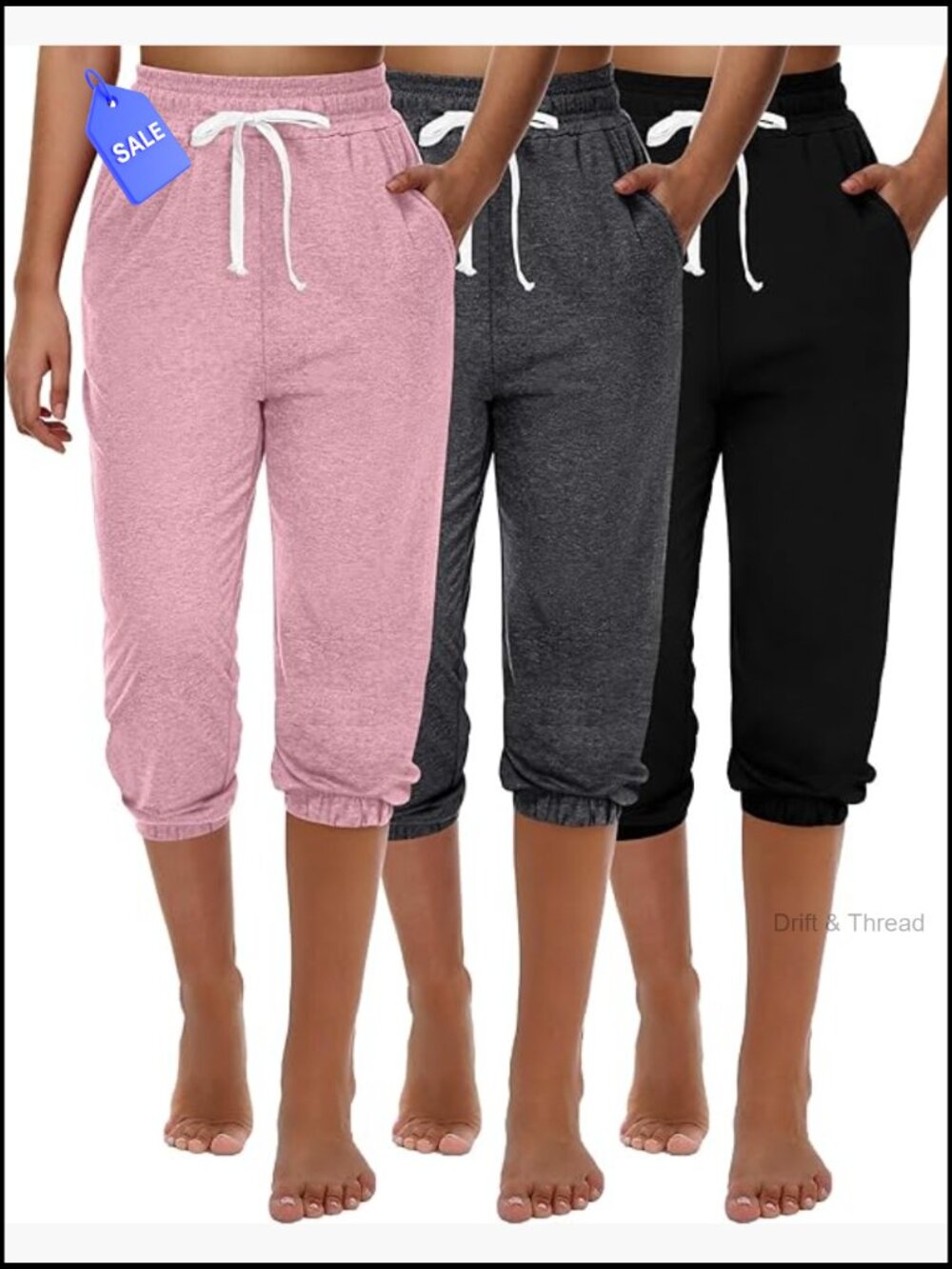 3 Pc Women's Capri Joggers High Waisted Lounge Pants Athletic with Pockets